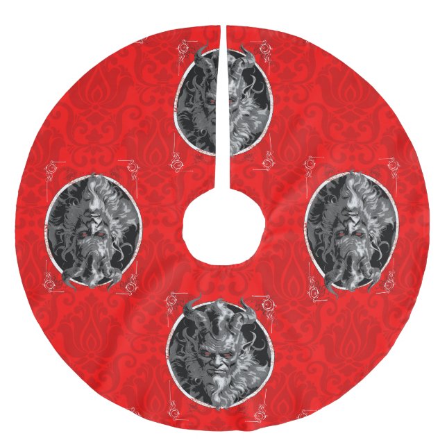 ominous christmas krampus red damask brushed polyester tree skirt (Front)