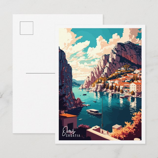 Omis Croatia vintage travel illustration Postcard (Front/Back)