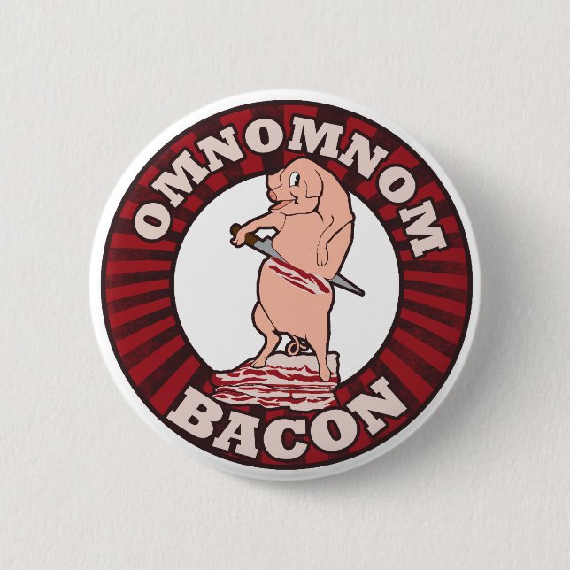 Omnom Bacon Advertising Parody Pinback Button (Front)
