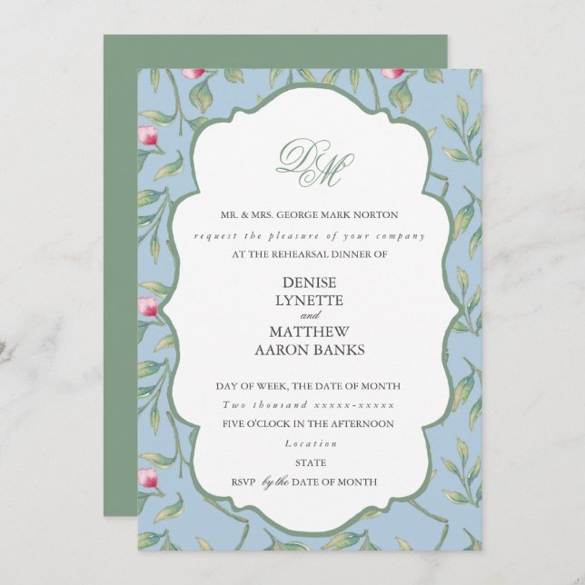 Omphalodes Blue and Basil Green Rehearsal Dinner Invitation (Front/Back)