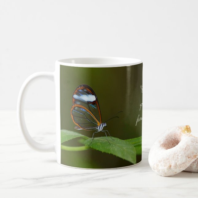 "On a Clear Day" Glasswing Butterfly Design Coffee Mug (With Donut)