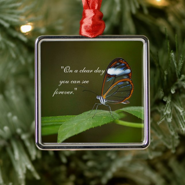 "On a Clear Day" Glasswing Butterfly Design Metal Ornament (Tree)
