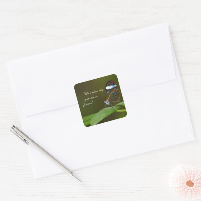 "On a Clear Day" Glasswing Butterfly Design Square Sticker (Envelope)