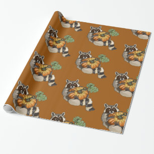 On a Roll Raccoon Pumpkin Autumn Wrapping Paper