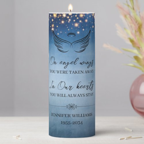 On Angel Wings Blue Stars Personalized Memorial Pillar Candle