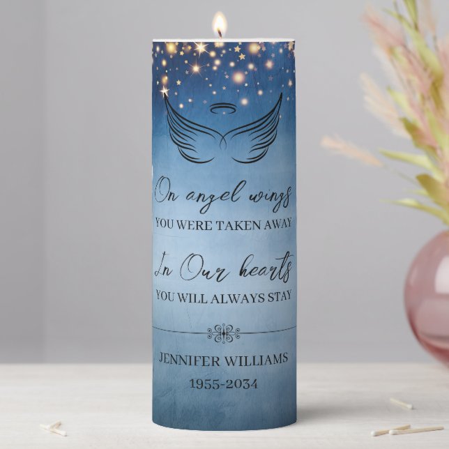 On Angel Wings Blue Stars Personalized Memorial Pillar Candle (In Situ)