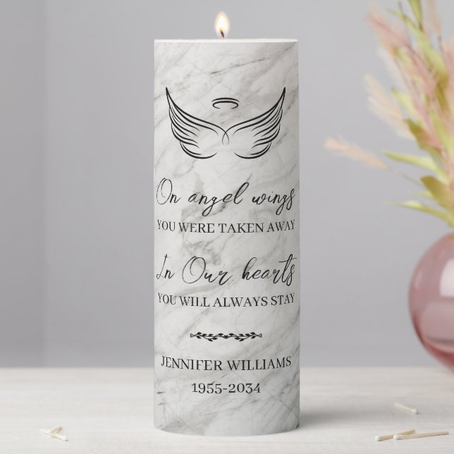 On Angel Wings Personalized Marble Memorial Pillar Candle (In Situ)