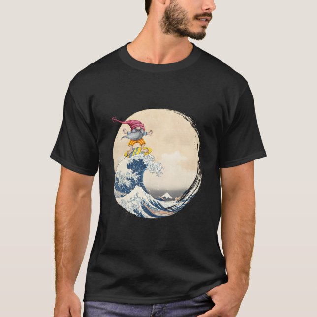 On Back Surfing Gnome Riding Great Wave Off Kanaga T-Shirt (Front)