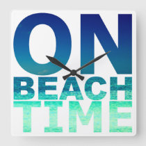 On Beach Time Blue &amp; Turquoise Typography Clock