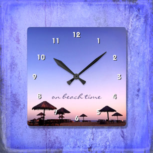 On Beach Time California Purple Pink Sunset Photo Square Wall Clock
