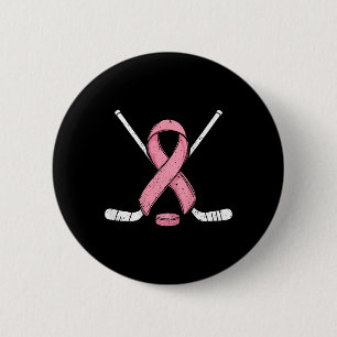 (on Ck) Ice Hockey Breast Cancer Month Pink Ribbon Button
