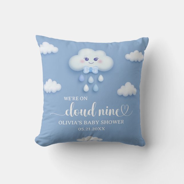 On Cloud 9 cute Blue Boy Baby Shower Throw Pillow (Front)