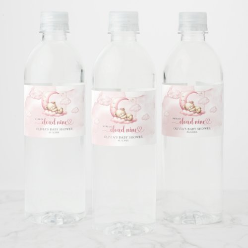 On Cloud 9 cute Pink Girl Baby Shower Water Bottle Label