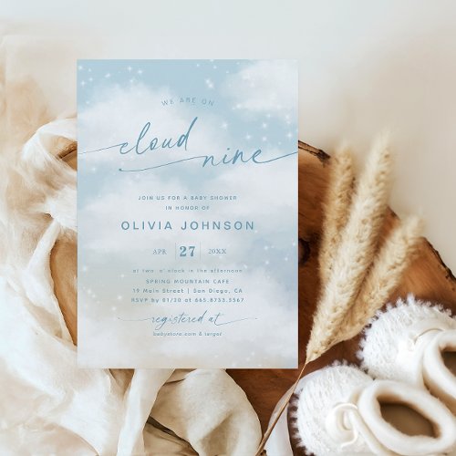 On Cloud 9 Dreamy Clouds Vibrant Blue Baby Shower  Invitation