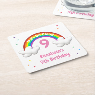 On Cloud 9! Rainbow Birthday Square Paper Coaster