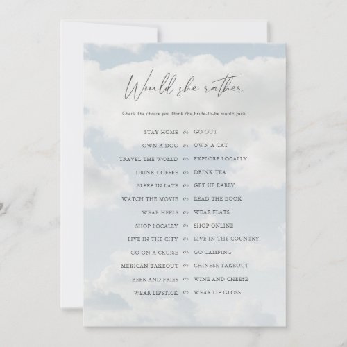 On Cloud 9 Would She Rather Bridal Shower Game Invitation