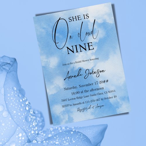 On Cloud Nine 9 Calligraphy Blue Bridal Shower Invitation