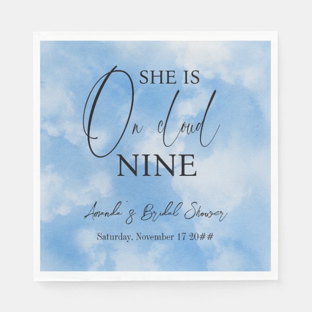 On Cloud Nine 9 Calligraphy Blue Bridal Shower Napkins (Front)