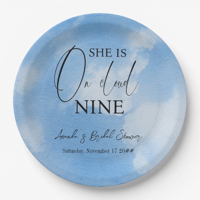 On Cloud Nine 9 Calligraphy Blue Bridal Shower Paper Plates (Front)