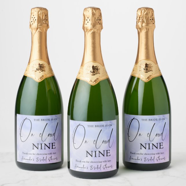 On Cloud Nine 9 Calligraphy Blue Bridal Shower Sparkling Wine Label (Bottles)