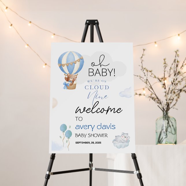 On Cloud Nine Blue Baby Shower Foam Board Sign (In Situ (Stand))