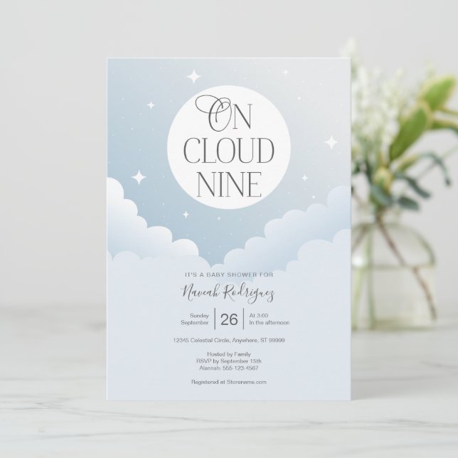 On Cloud Nine Blue Gray Sky Baby Shower Invitation (Standing Front)