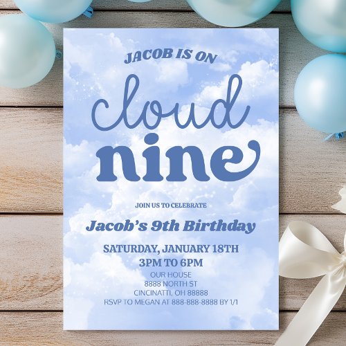 On Cloud Nine Blue Ninth 9th Birthday Party Invitation