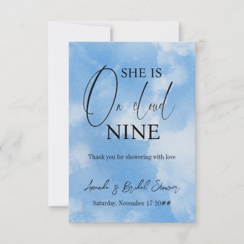 On Cloud Nine Calligraphy Blue Bridal Shower Thank Thank You Card