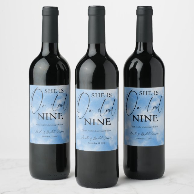On Cloud Nine Calligraphy Blue Bridal Shower Thank Wine Label (Bottles)