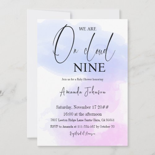 On Cloud Nine Calligraphy Blue Pink Baby Shower Invitation