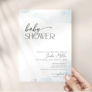 On Cloud Nine Dusty Blue Watercolor Baby Shower Invitation