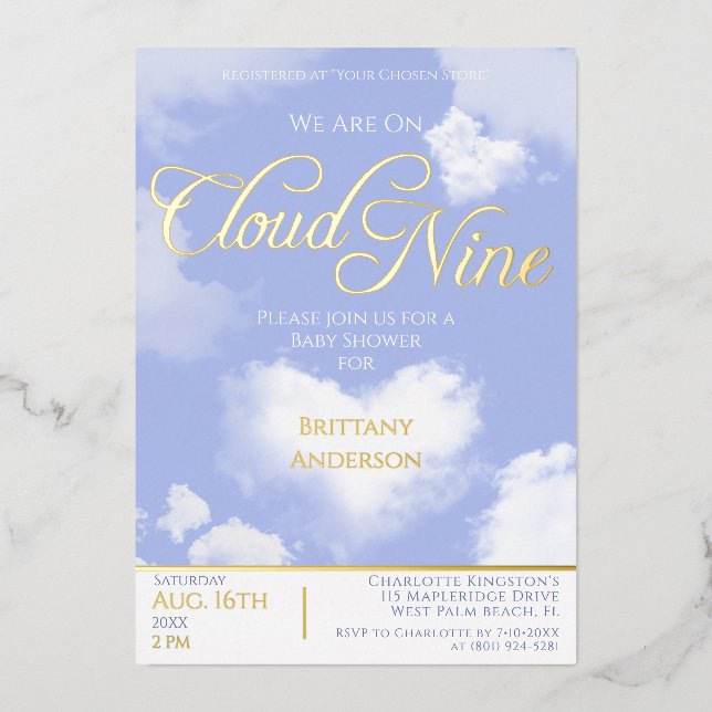 On Cloud Nine Elegant Script Baby Shower Gold Foil Invitation (Front)