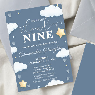 On Cloud Nine Modern Dusty Blue Baby Shower Invitation