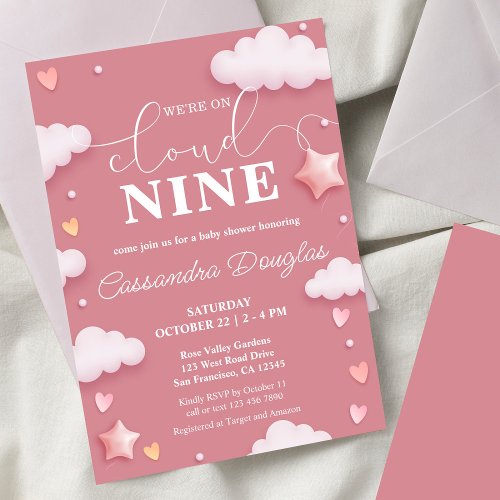 On Cloud Nine Modern Pink Baby Shower Invitation