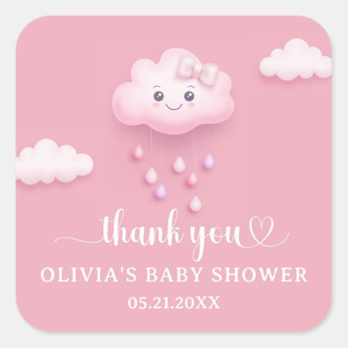 On Cloud Nine Modern Pink Girl Baby Shower  Square Sticker