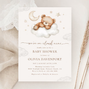 On Cloud Nine Neutral Teddy Bear Baby Shower Invitation