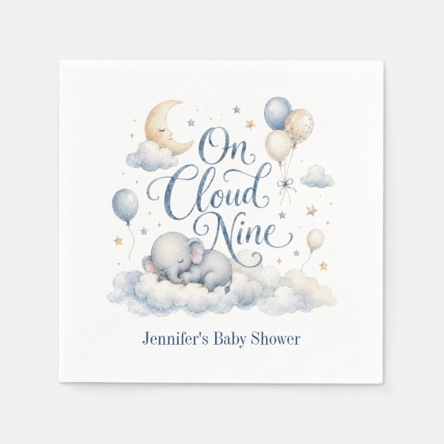 On Cloud Nine, Personalized Blue Elephant Moon Boy Napkins (Front)