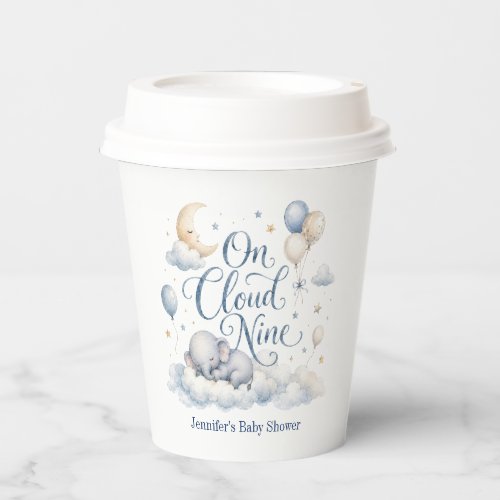 On Cloud Nine, Personalized Blue Elephant Moon Boy Paper Cups