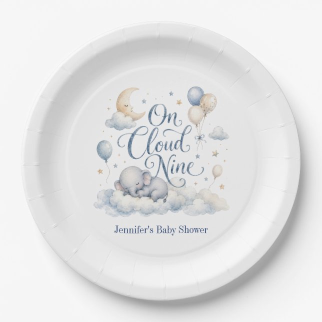 On Cloud Nine, Personalized Blue Elephant Moon Boy Paper Plates (Front)