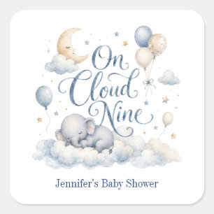 On Cloud Nine, Personalized Blue Elephant Moon Boy Square Sticker