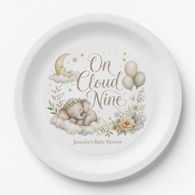 On Cloud Nine, Personalized Gender Neutral Elephan Paper Plates (Front)
