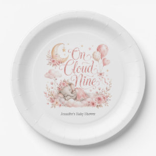 On Cloud Nine, Personalized Pink Elephant Moon Gir Paper Plates