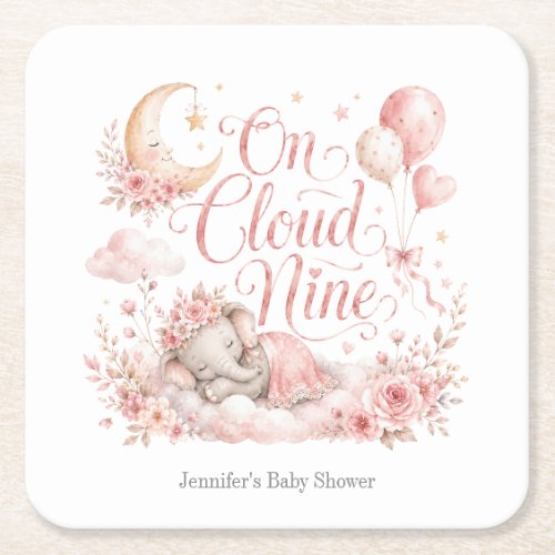 On Cloud Nine, Personalized Pink Elephant Moon Gir Square Paper Coaster