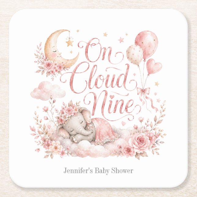 On Cloud Nine, Personalized Pink Elephant Moon Gir Square Paper Coaster (Front)