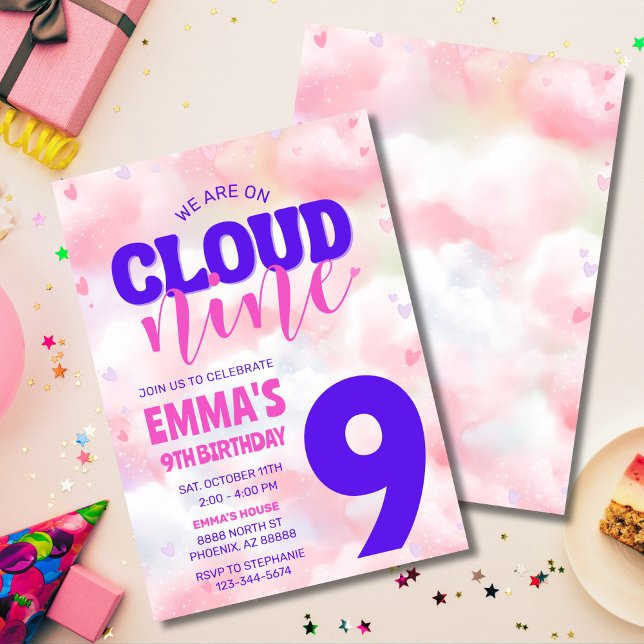 On Cloud Nine Pink Ninth 9th Birthday Party Invitation (Dreamy On Cloud Nine birthday invitation with pastel clouds, editable for any age.)