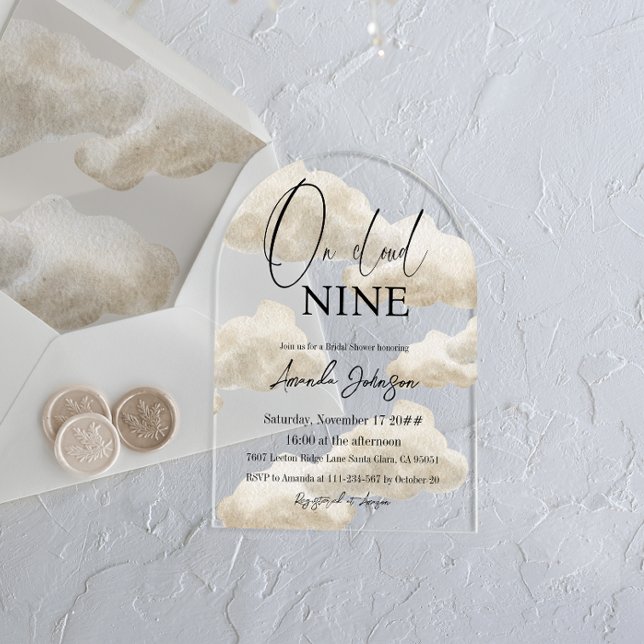 On Cloud Nine Watercolor Beige Bridal Shower Acrylic Invitations (Creator Uploaded)