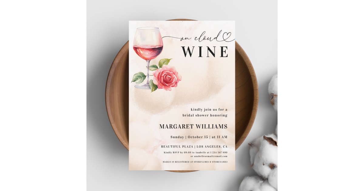 On Cloud Wine Theme Heart Script Bridal Shower Invitation