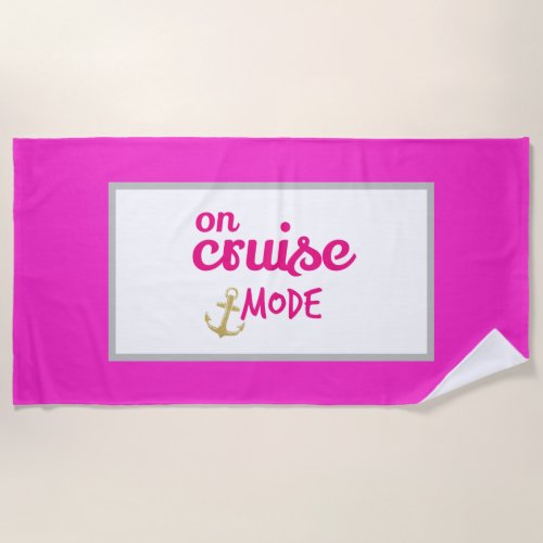 On Cruise Mode Pink and White with Gold Anchor Beach Towel