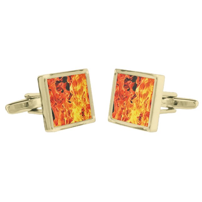 On Fire Flames Gold Cufflinks (Angled)