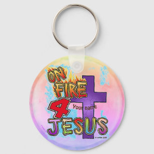 On Fire For Jesus Christian cross Keychain